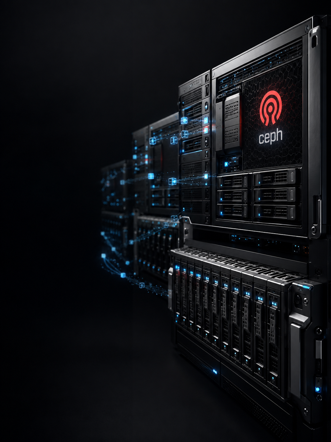 Distributed Ceph storage servers replicating data across nodes